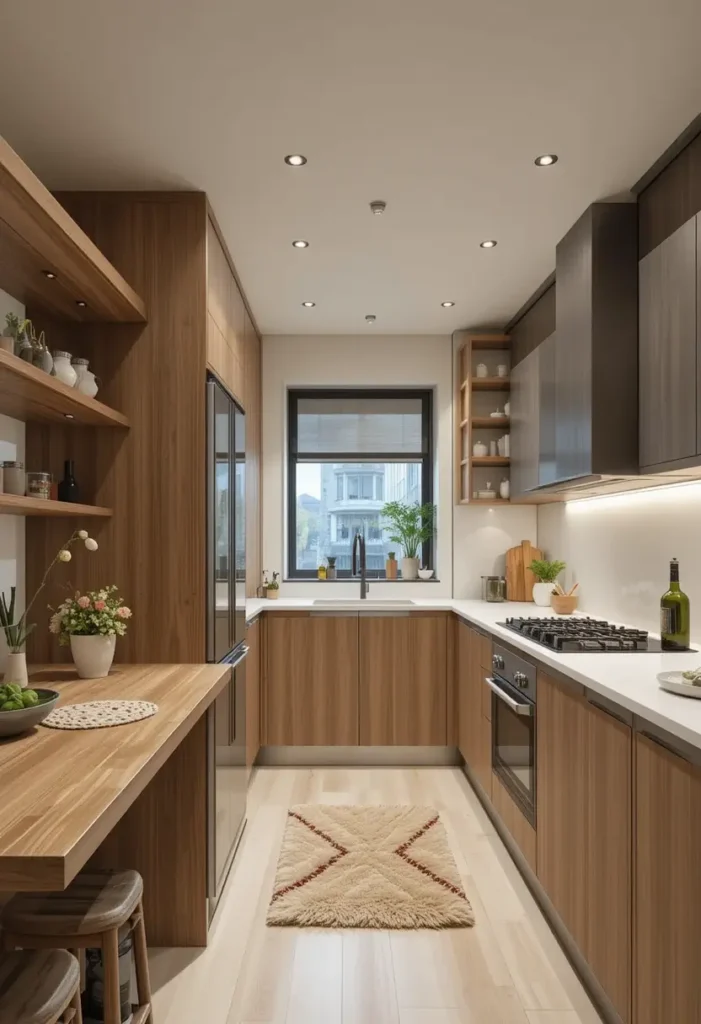 Warm wood-finish kitchen with open shelving, recessed lighting, and a cozy rug.