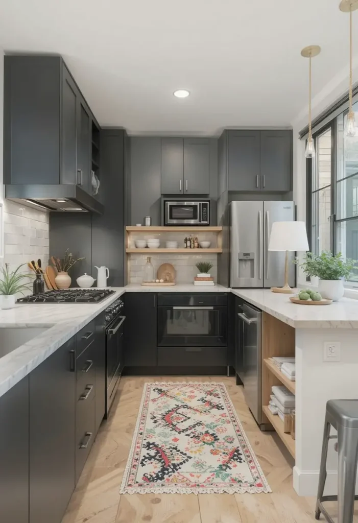 Dark charcoal kitchen with open shelving, floral runner, and gold pendant lights.