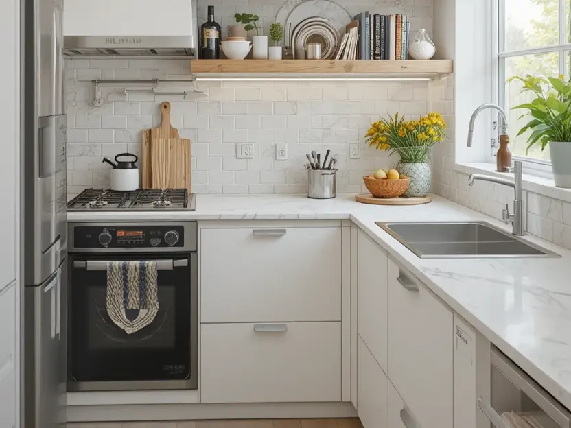 Small kitchen with open wooden shelves and subway tile backsplash. II