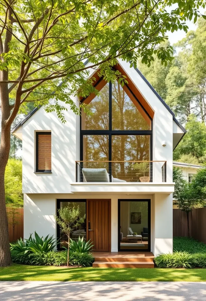 Small modern house with a glass-front A-frame design, wooden door accents, and lush green landscaping surrounded by trees.