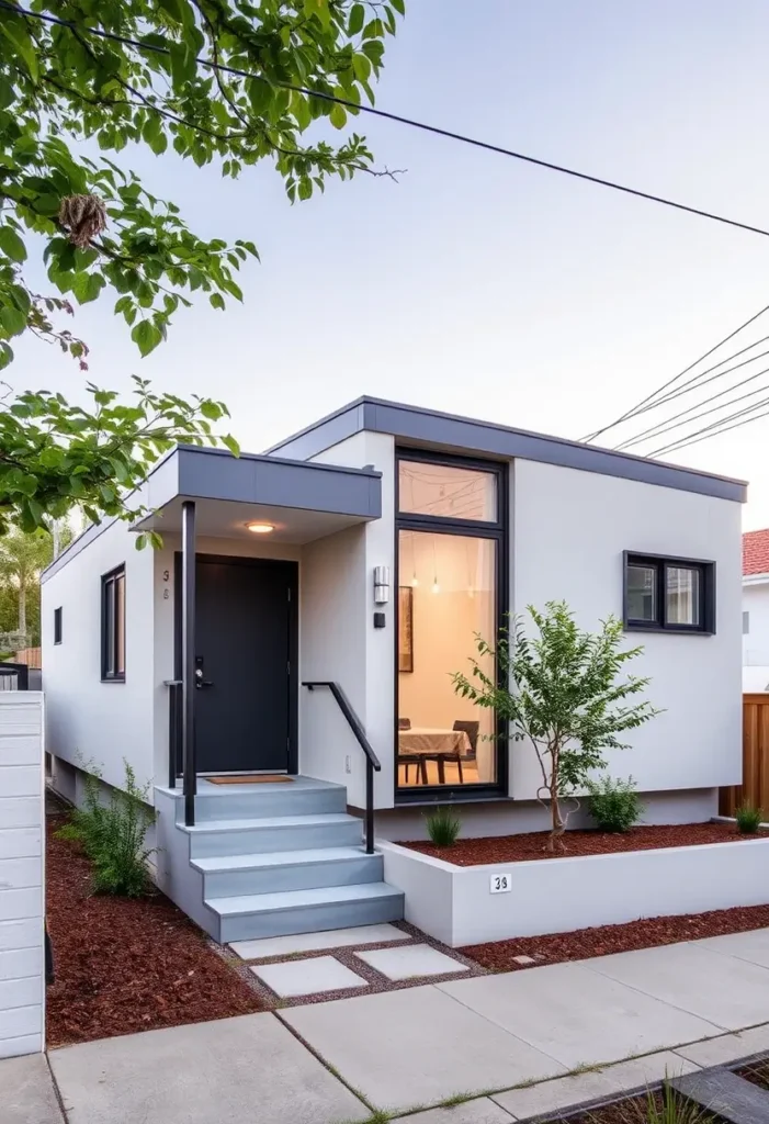 Minimalist small modern house with a flat roof, large front window, and black door, complemented by a neat landscaped yard.