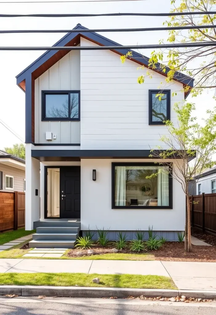 Small modern house with a gable roof, white siding, black-framed windows, and a landscaped front yard featuring minimal greenery.