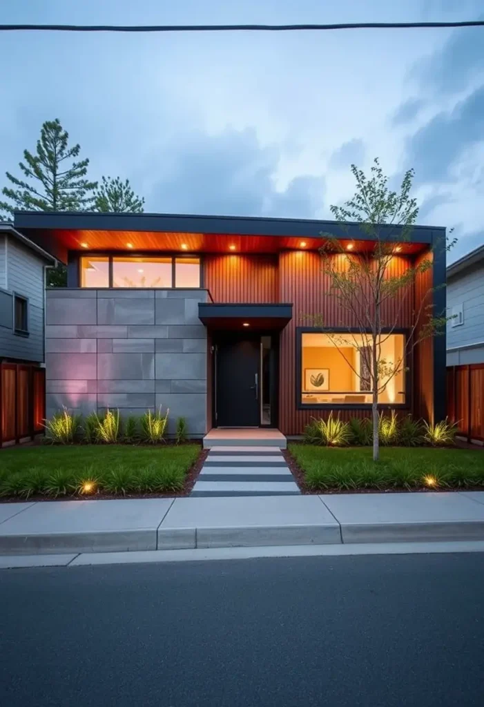 Small modern house with wood paneling, concrete siding, warm recessed lighting, and a landscaped front yard featuring a paved walkway.