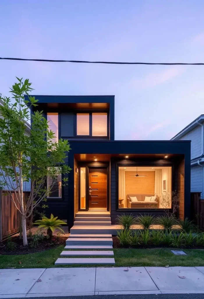 Small modern house with a bold black facade, large illuminated windows, wooden front door, and a landscaped front yard with a stepped walkway.