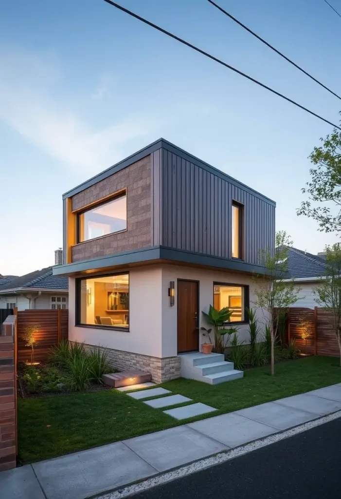 Small modern two-story house with wood paneling, large windows, warm interior lighting, and a landscaped front yard with a paved walkway.