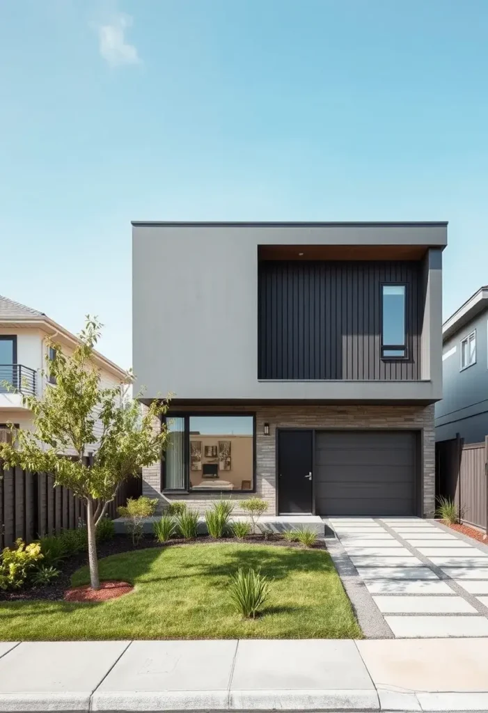 Small modern two-story house with a stone and black paneled facade, large windows, and a landscaped front yard featuring grass and shrubs.