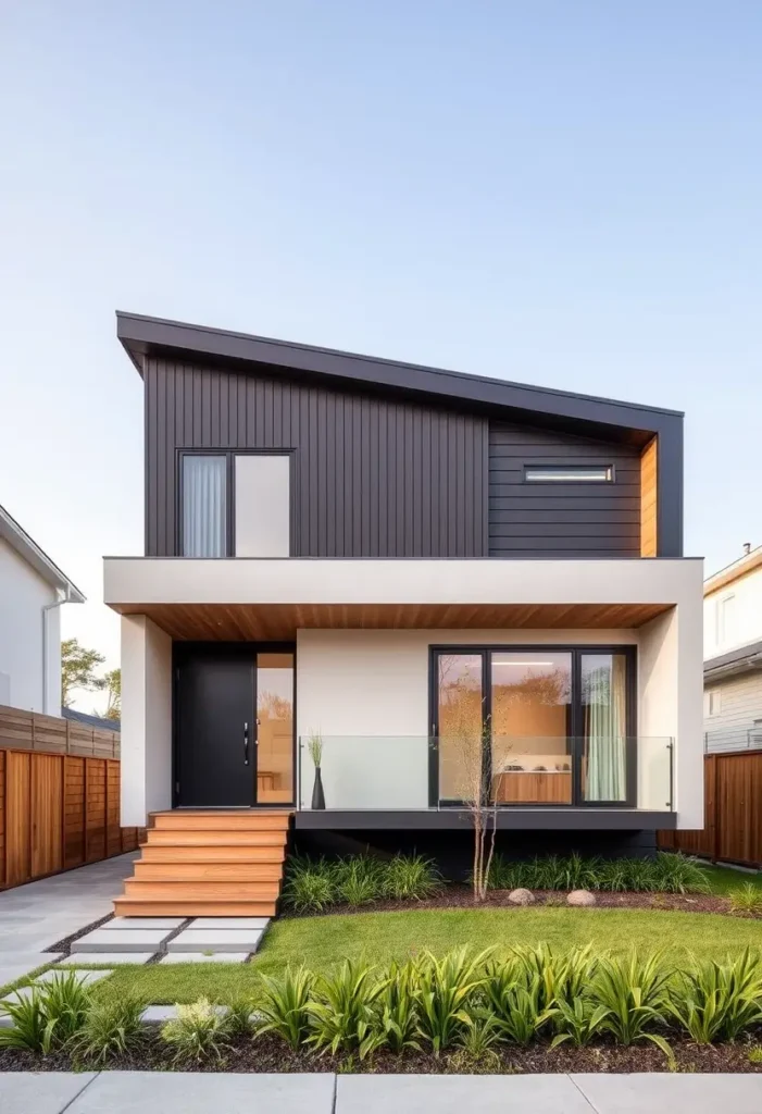 Small modern house with a sloped roof, wood-paneled accents, glass railing, and a landscaped front yard featuring a mix of greenery and a paved walkway.