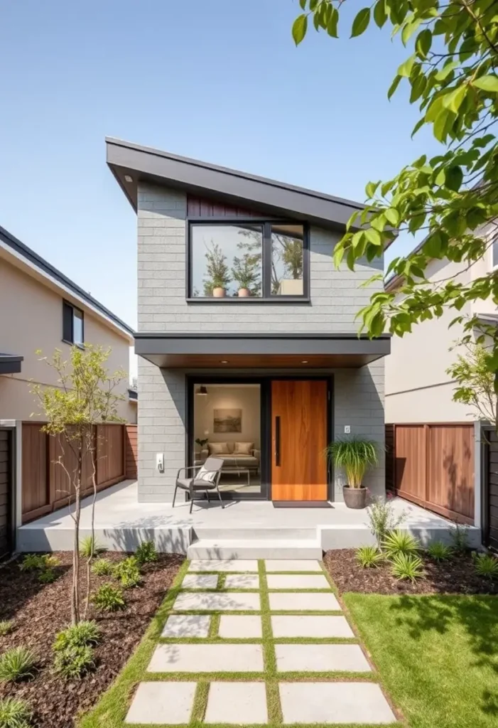 Small modern house with a sloped roof, gray brick facade, wooden front door, patio seating, and a landscaped yard with a paved walkway.