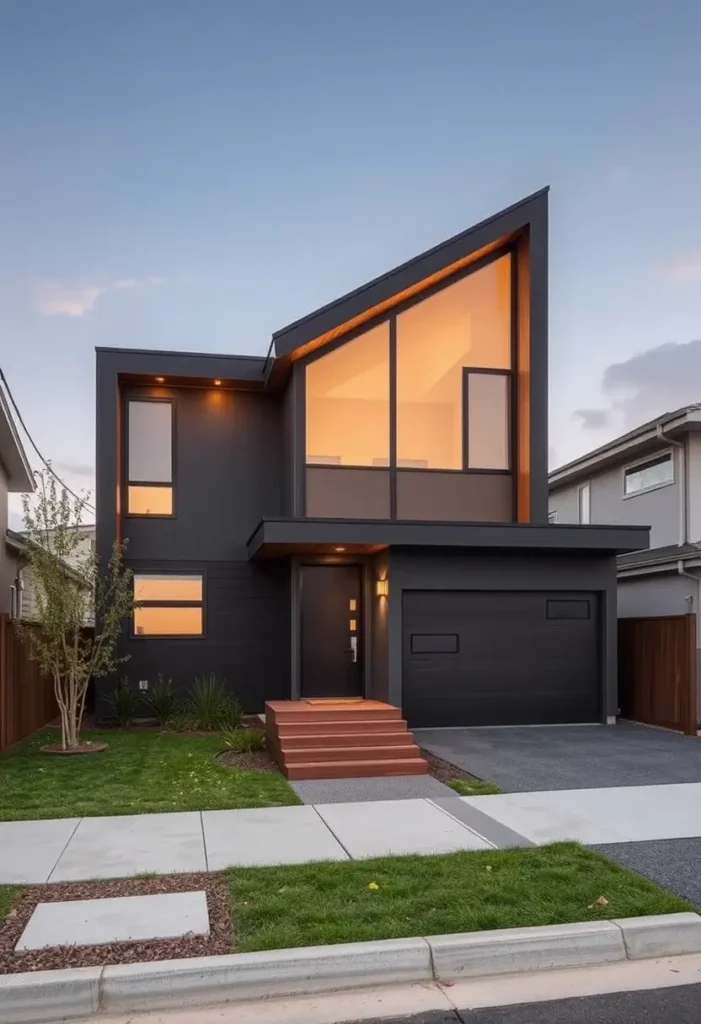 Small modern house with an angular roofline, large glass panels, dark exterior, warm interior lighting, and a landscaped front yard with a driveway.