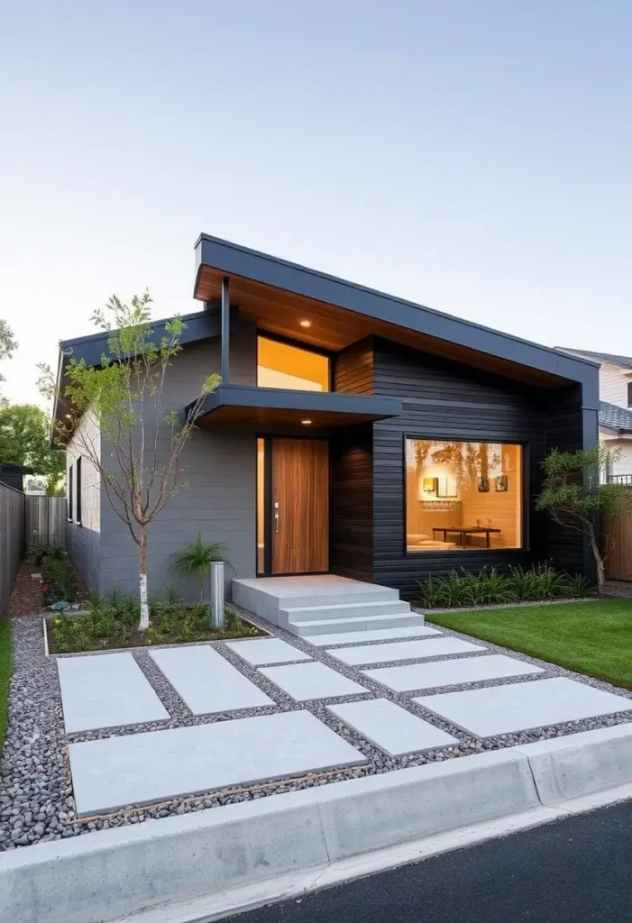 Small modern house with dark exterior, warm wood accents, large windows, a structured paved walkway, and minimalist landscaping.