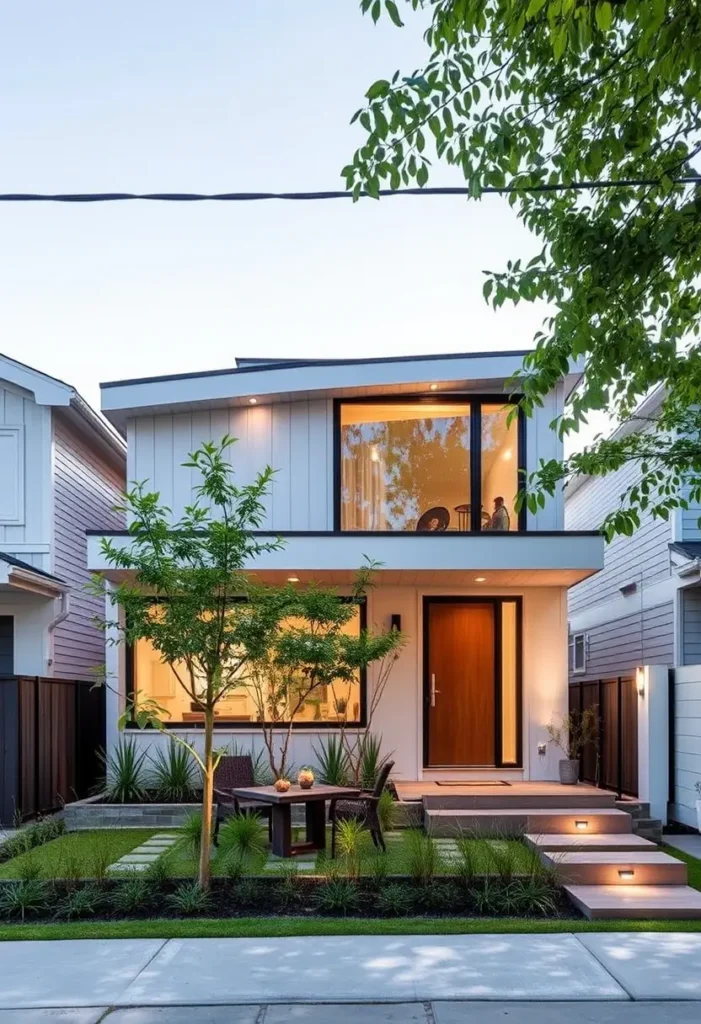 Small modern house with a white facade, wooden door, large windows, landscaped yard with a seating area, and illuminated steps leading to the entrance.