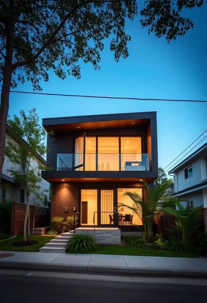 Two-story small modern house with dark facade, glass balcony, warm interior lighting, and a landscaped yard featuring tropical greenery and a paved walkway.