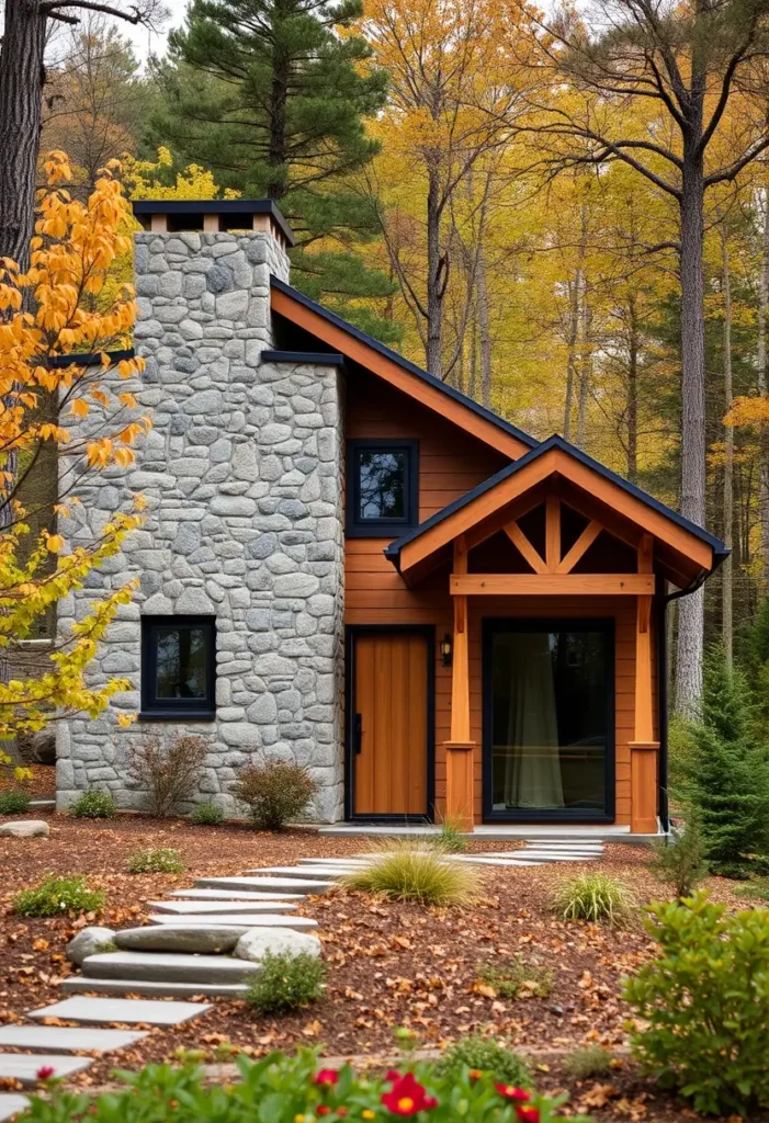 Small rustic house with stone walls, timber accents, a peaked roof, and a landscaped yard surrounded by autumn trees.