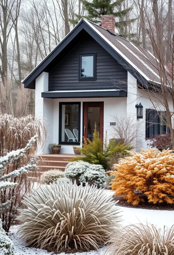 Small modern house with a black and white exterior, gable roof, frost-covered landscaping, and warm wood door, surrounded by winter vegetation.