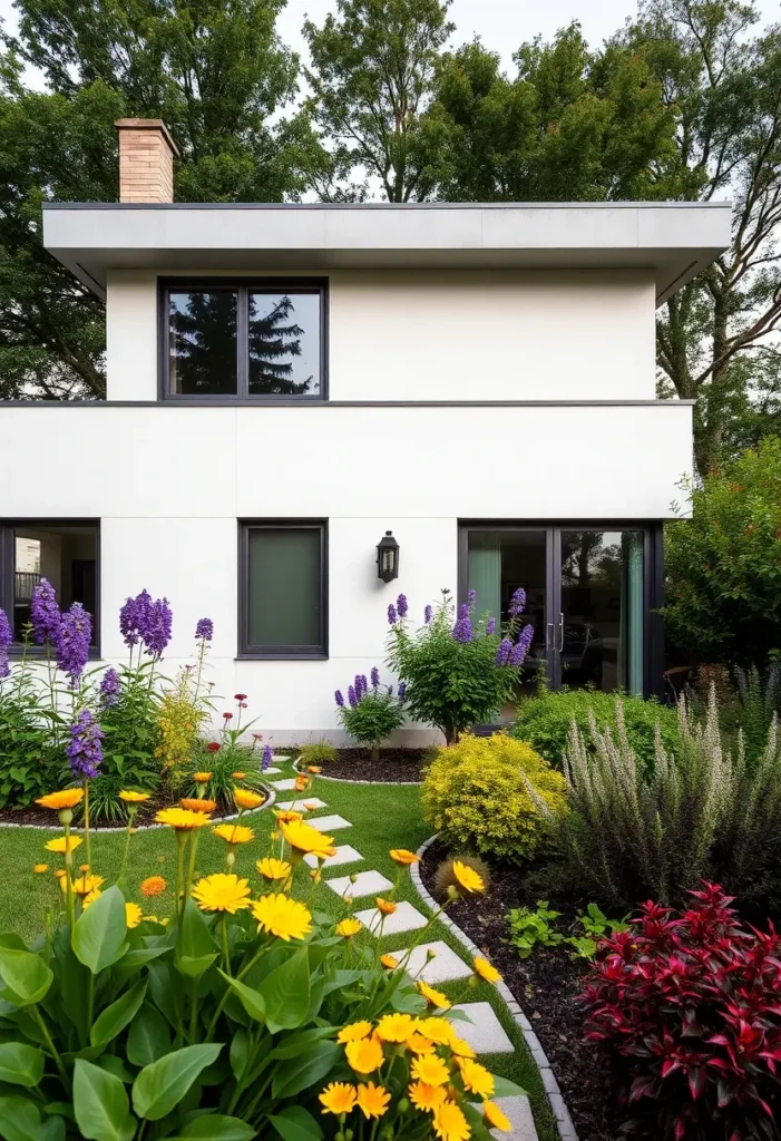 Modern house with a minimalist white facade, vibrant garden featuring yellow and purple flowers, lush greenery, and a stepping-stone pathway.