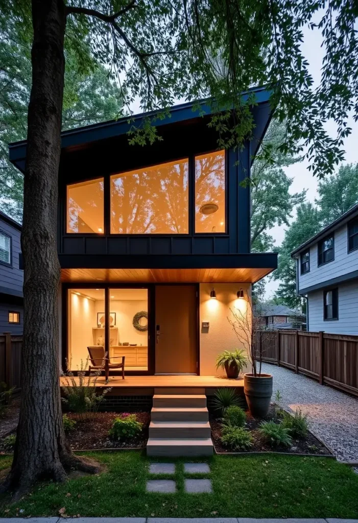 Modern two-story house with a dark facade, large glowing windows, porch seating, and lush landscaping surrounded by trees.