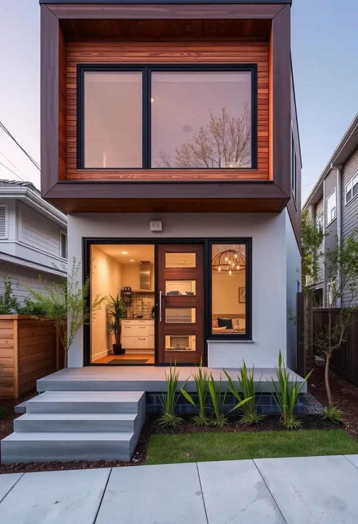 Small modern house with a boxy design, wood paneling, large windows, and a landscaped front yard with a minimalist porch.