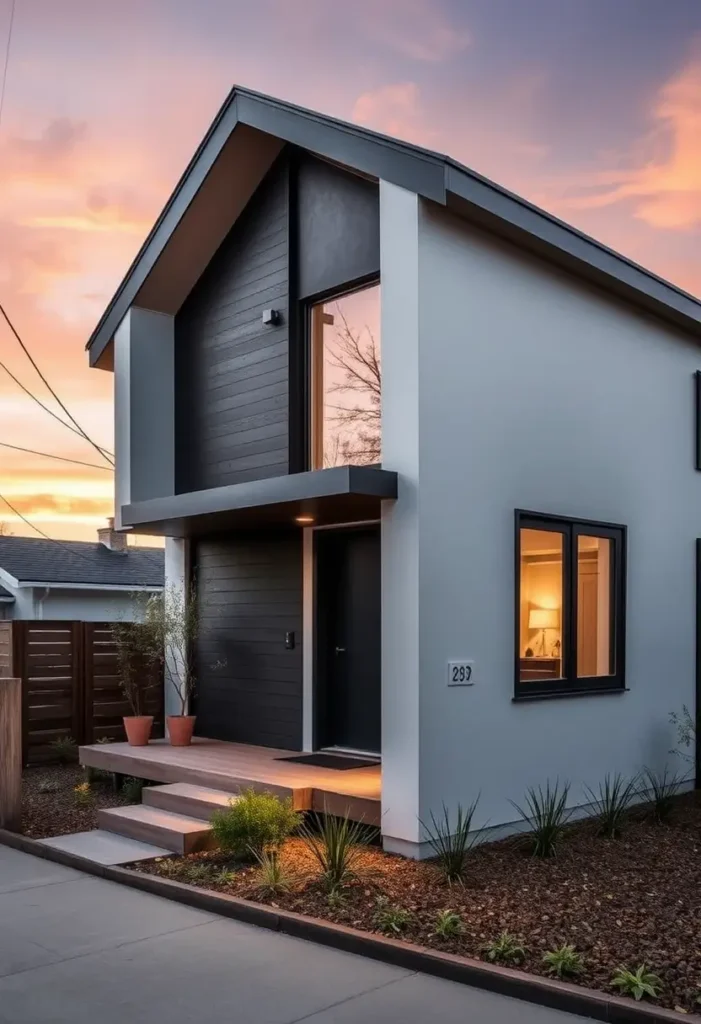 Modern house with a gable roof, black and white facade, warm interior lighting, and a landscaped entryway with potted plants.