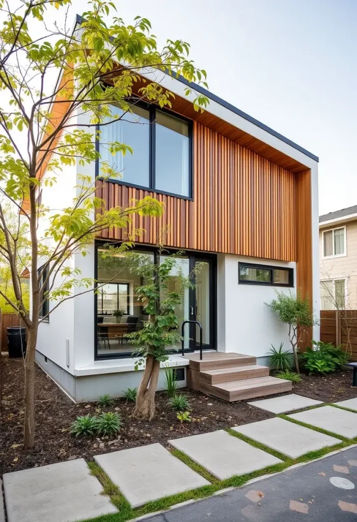 Modern house with vertical wood paneling on the upper level, large windows, a white lower facade, and a landscaped pathway surrounded by trees.