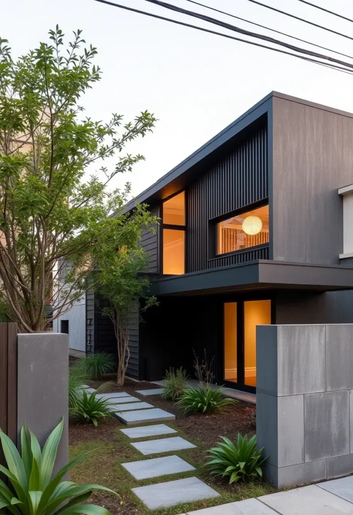 Modern house with a black facade, vertical detailing, angular roofline, warm interior lighting, and a minimalist landscaped pathway.