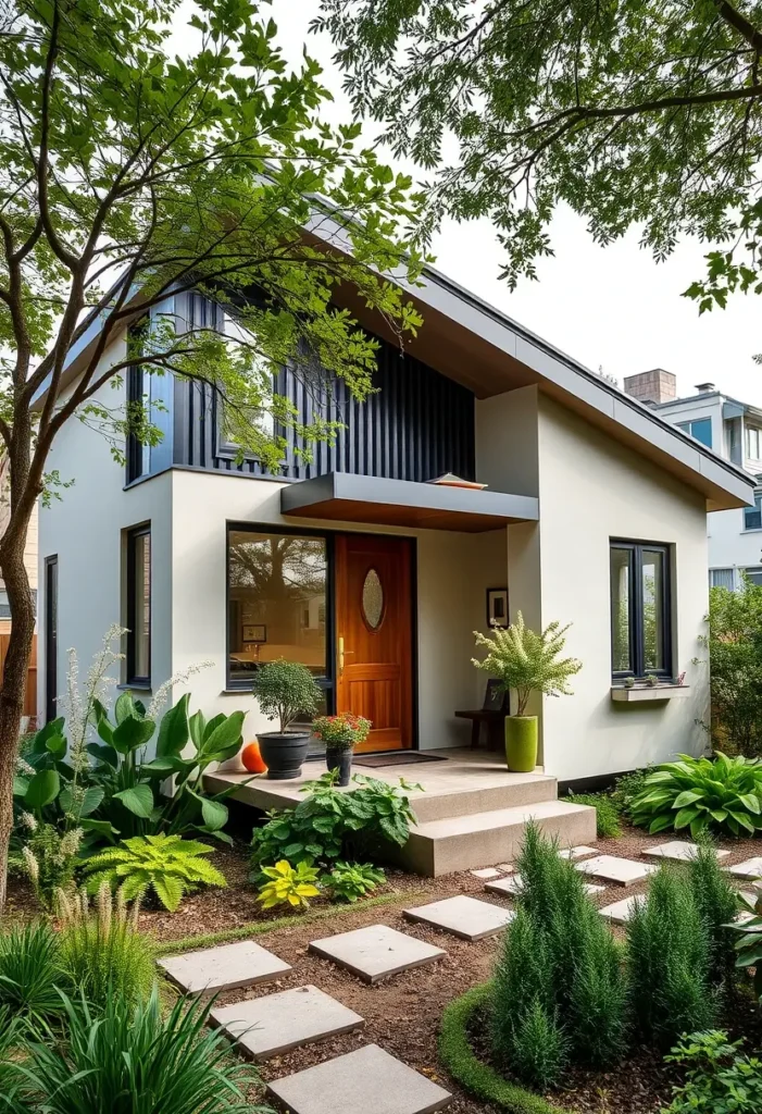 Modern house with vertical paneling, warm wooden door, neutral tones, and a beautifully landscaped front yard with lush plants and a stepping-stone pathway.