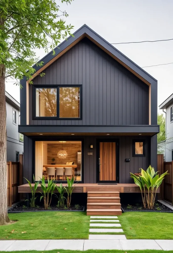 Modern house with a gable roof, dark vertical paneling, warm wooden accents, large windows, and a landscaped yard with tropical plants and a stepping-stone pathway.