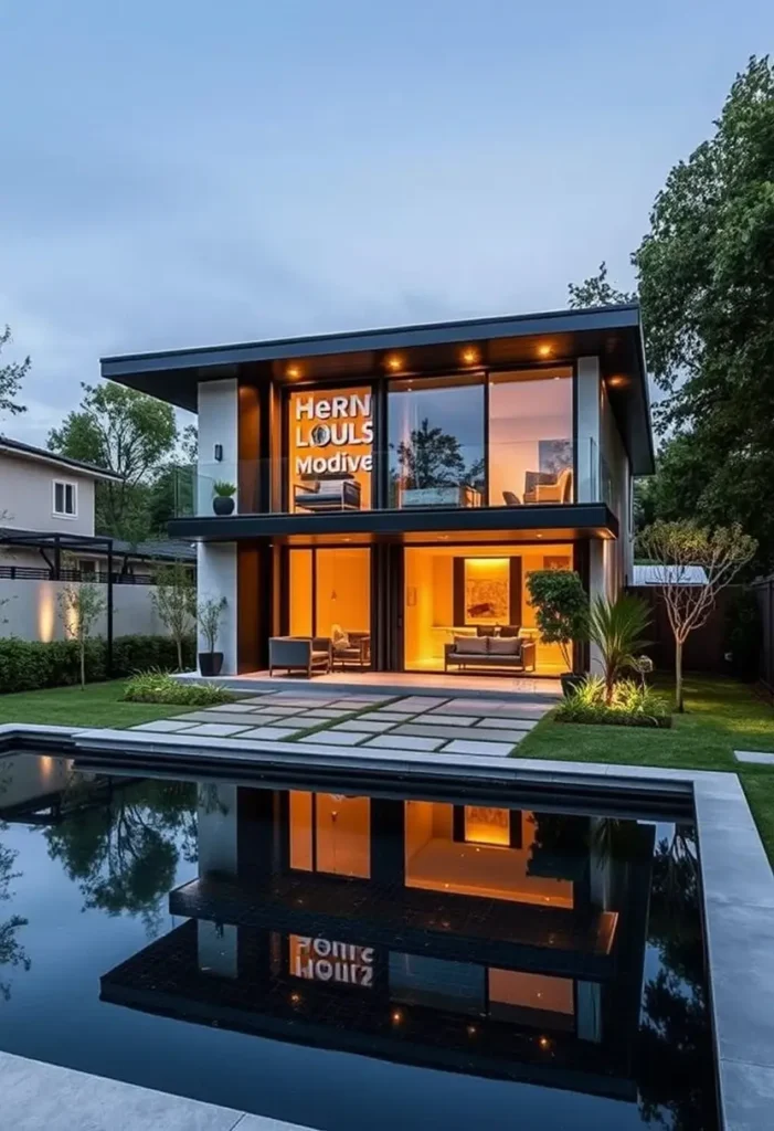 Luxurious modern two-story house with large glass walls, warm interior lighting, a pool, and minimalist landscaping in a serene backyard.