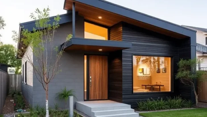 Small modern house with dark exterior, warm wood accents, large windows, a structured paved walkway, and minimalist landscaping. II