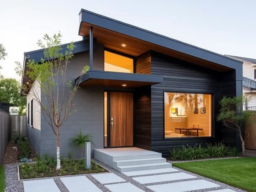 Small modern house with dark exterior, warm wood accents, large windows, a structured paved walkway, and minimalist landscaping. II