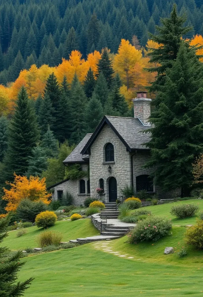 A picturesque stone cottage with arched windows and a slate roof, surrounded by vibrant autumn trees and lush greenery.