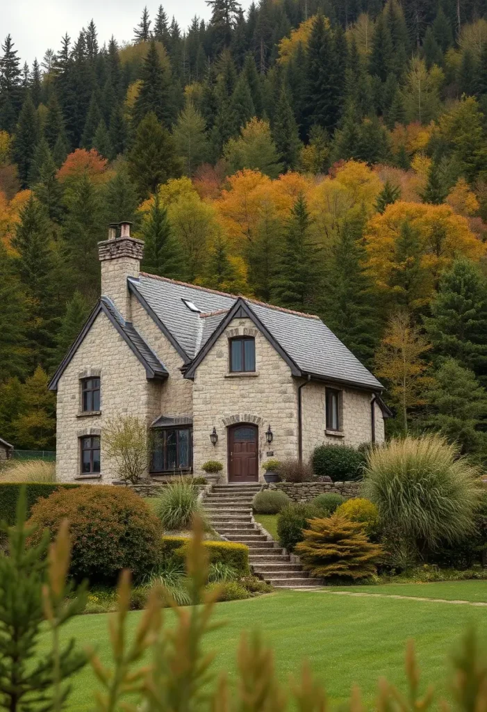 An elegant stone cottage with steep gables, a wooden front door, and large windows, surrounded by a landscaped yard and vibrant autumn forest.