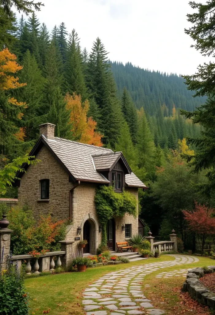 A rustic stone cottage with ivy-covered walls, an arched doorway, and a curved stone pathway, surrounded by a lush forest and garden.