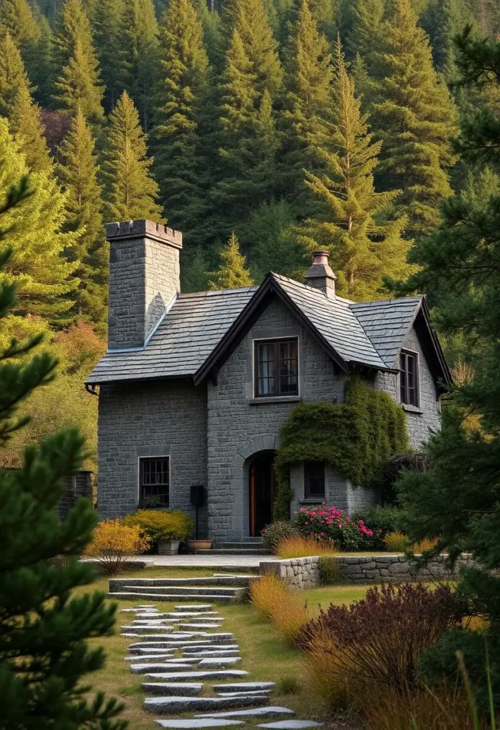 A gray stone cottage with ivy-draped walls, a stepped stone pathway, and vibrant flower beds, surrounded by tall pine trees.