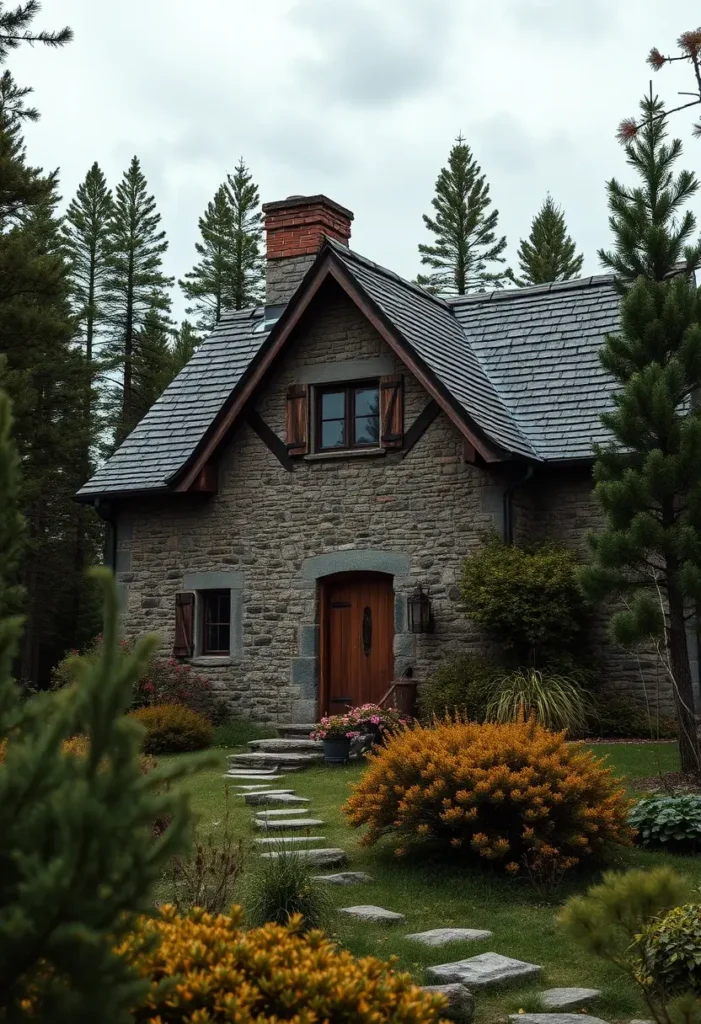 A charming stone cottage with rustic wooden shutters, an arched wooden door, a brick chimney, and a stepping-stone pathway surrounded by vibrant shrubs and greenery.