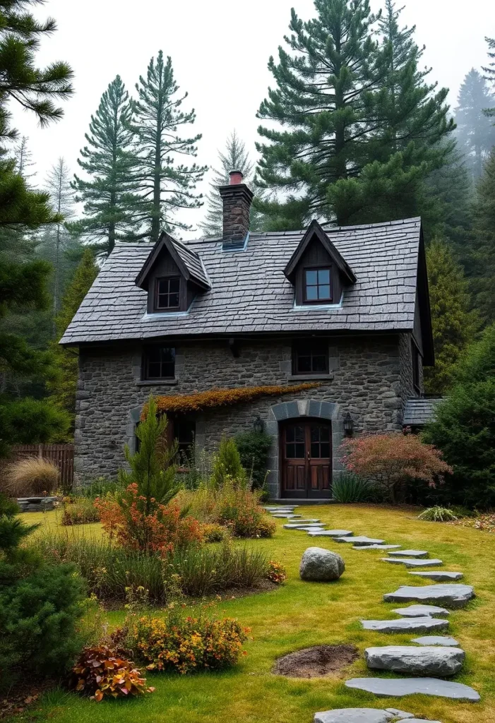 A quaint two-story stone cottage with dormer windows, a wooden door, ivy accents, and a winding stone pathway surrounded by colorful garden beds and pine trees.