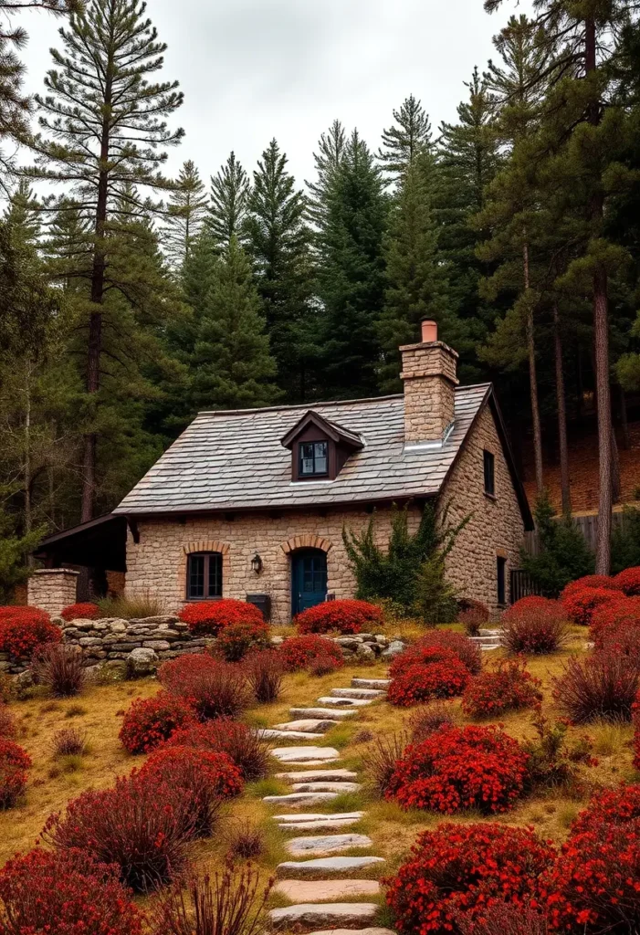 A cozy stone cottage with a blue door, arched windows, a chimney, and vibrant red shrubs lining a winding stone path, surrounded by tall pine trees.