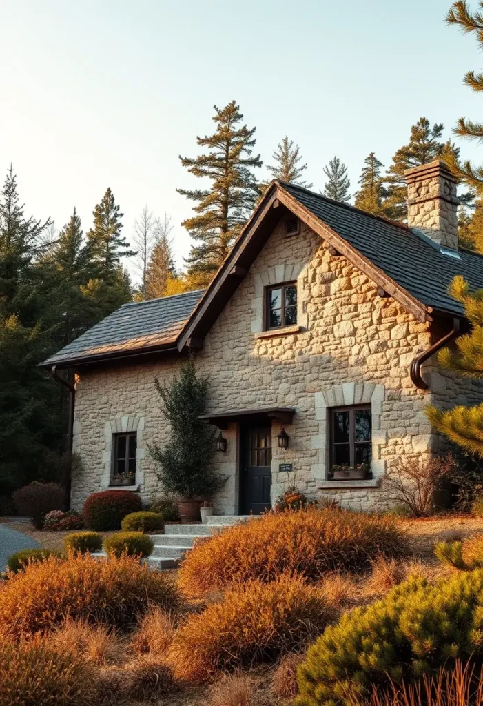 A stone cottage with black-framed windows, a dark wooden door, and warm sunlight highlighting its rustic design, surrounded by golden-hued landscaping and tall trees.