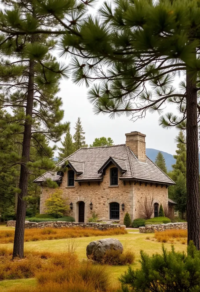 A stone cottage with dormer windows, a slate roof, and detailed stonework, nestled among tall pine trees and natural landscaping with a boulder on the lawn.