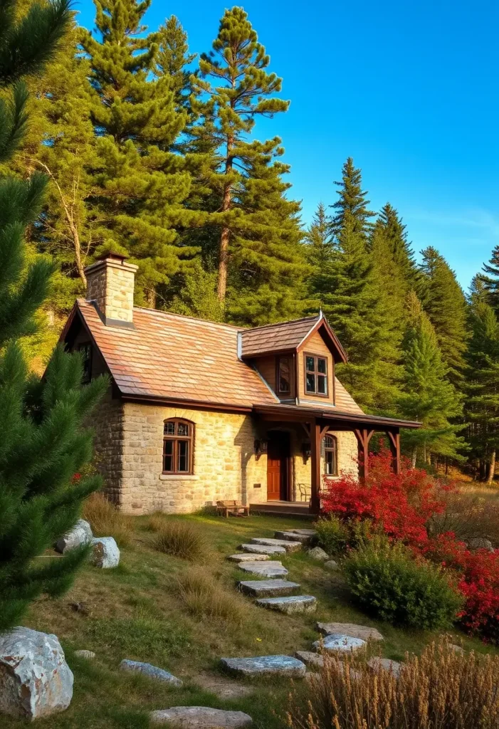 A cozy stone cottage with a wooden front porch, dormer windows, and a stepping-stone path surrounded by vibrant red shrubs and lush greenery.