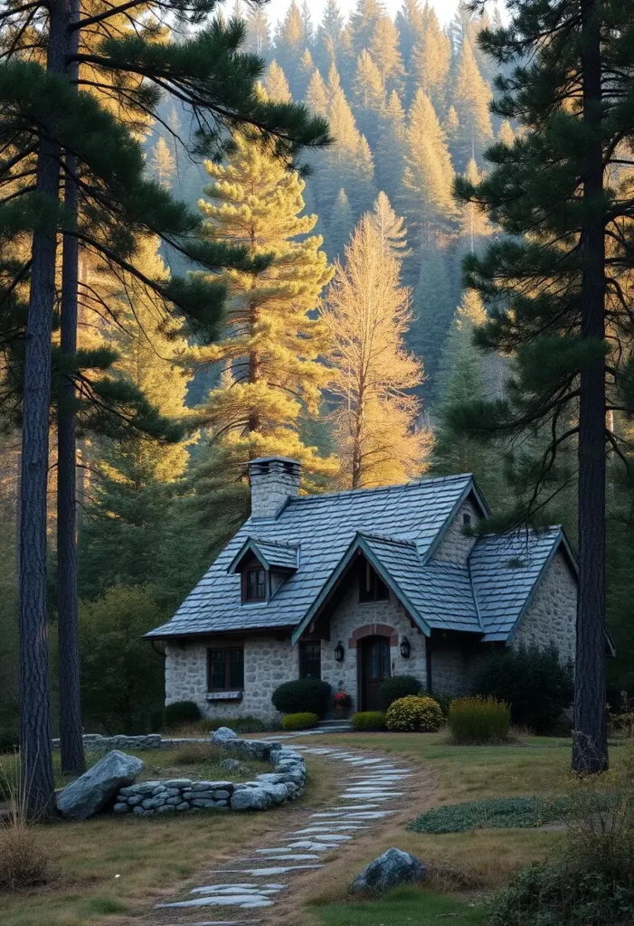 A peaceful stone cottage with a slate roof, dormer windows, and an arched doorway, surrounded by tall trees and soft morning light, with a winding stone path leading to the entrance.