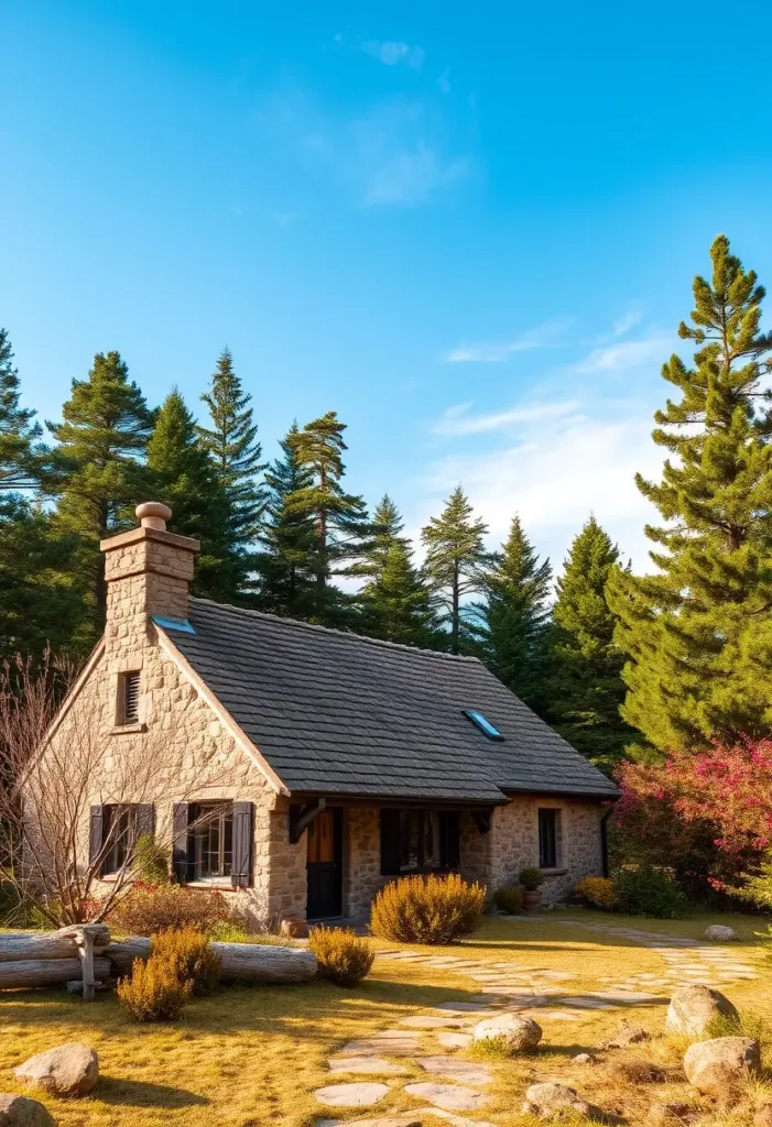 A bright stone cottage with black shutters, a pitched roof, and rustic landscaping under a vivid blue sky, surrounded by lush greenery and colorful bushes.