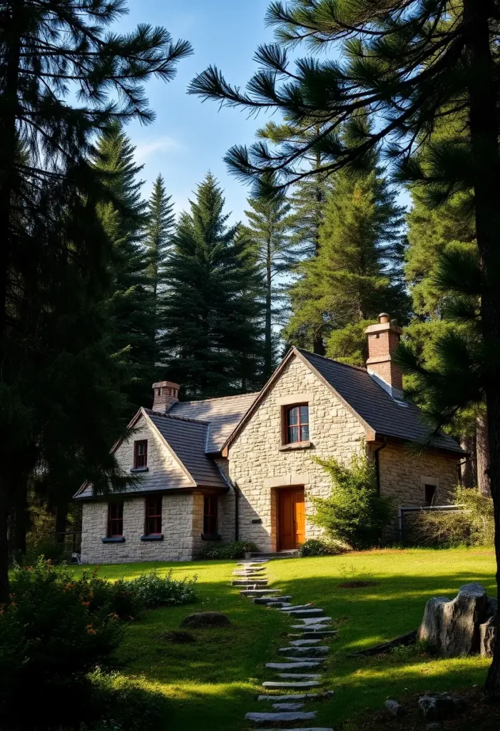 A charming stone cottage with a warm wooden door, dormer windows, and a sunlit stone pathway, surrounded by towering pine trees and lush greenery.