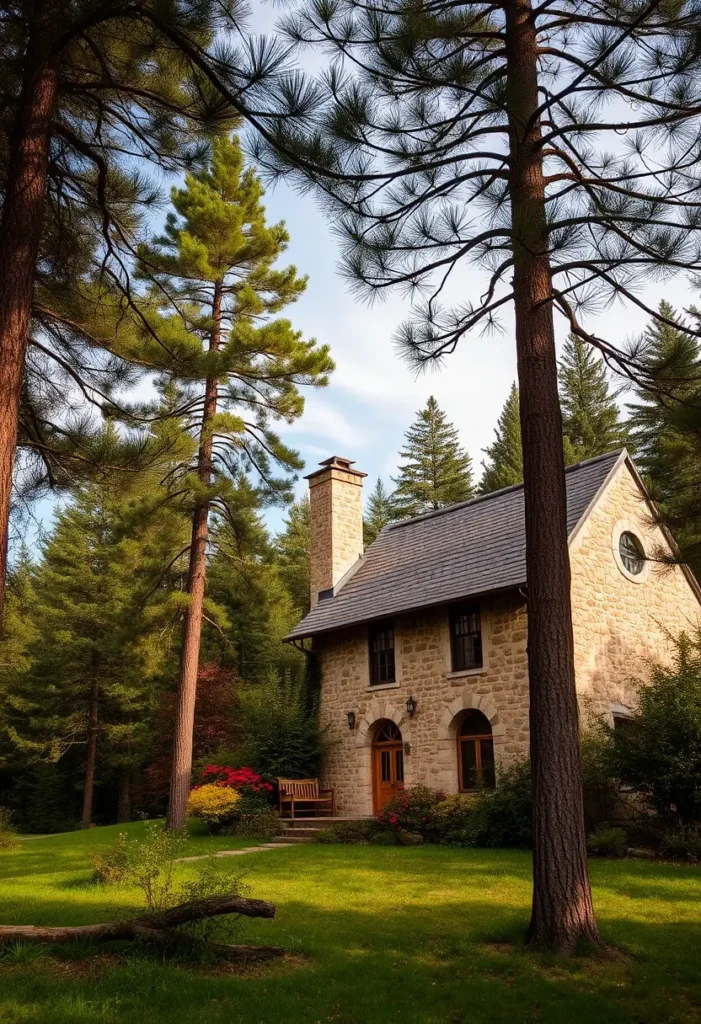 An elegant stone cottage with arched wooden doors, classic windows, a tall chimney, and a vibrant garden with a bench, surrounded by towering pine trees.