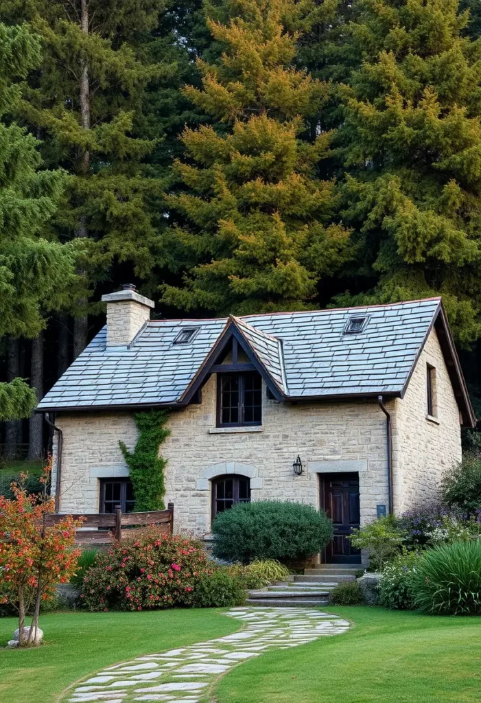 A stone cottage with a slate roof, dormer window, ivy accents, and vibrant flower beds, surrounded by lush greenery and a forested backdrop.