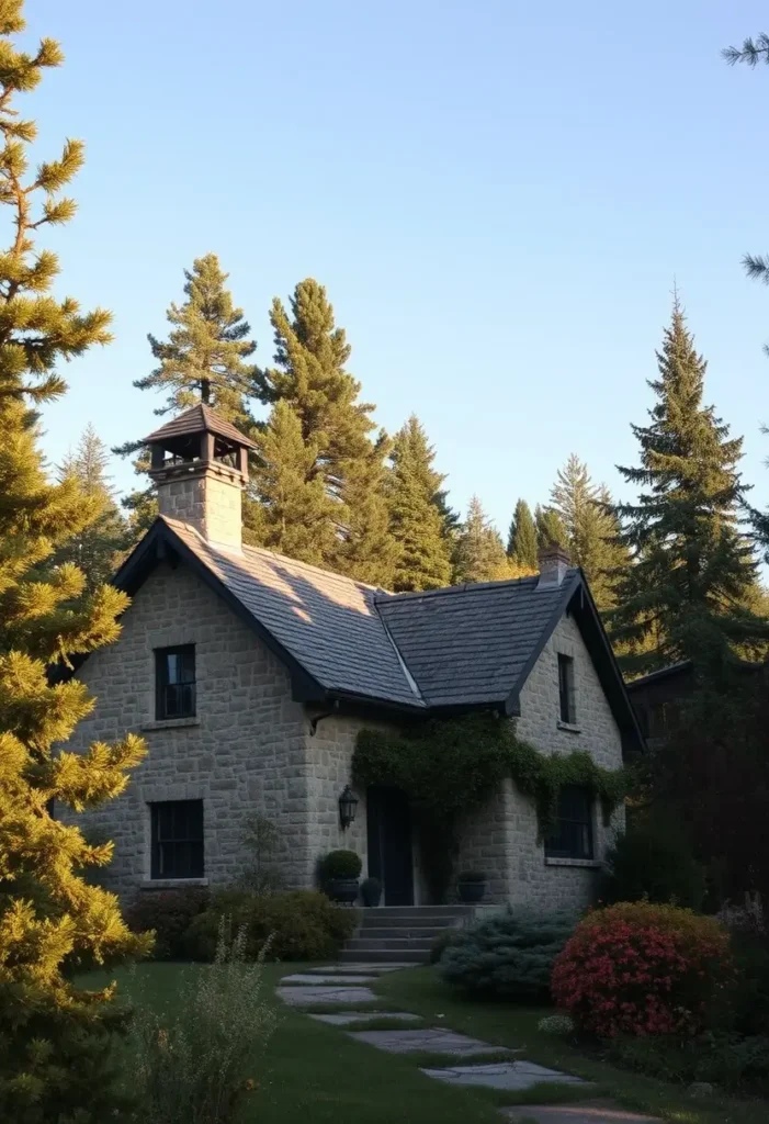 A rustic stone cottage with a bell tower, ivy-clad walls, a slate roof, and a stepping-stone pathway, surrounded by lush greenery and tall trees.