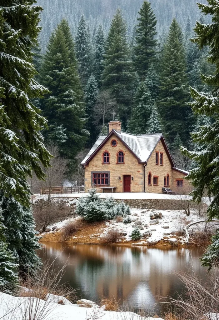 A snow-kissed stone cottage with red-framed windows and a wooden door, nestled by a tranquil pond and surrounded by snow-dusted trees in a frosted forest.