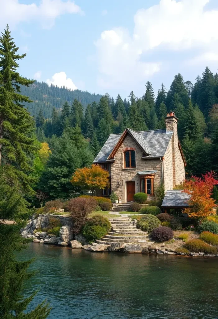 A riverside stone cottage with wooden accents, an arched doorway, tiered stone steps, and vibrant autumn foliage, nestled beside a gentle river and surrounded by lush greenery.