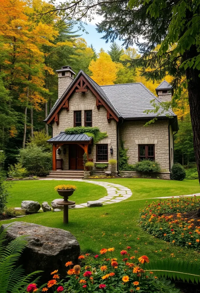 A charming stone cottage with wooden gable accents, a front porch, a manicured lawn, and colorful flower beds, surrounded by autumn-hued trees and a curved stone pathway.