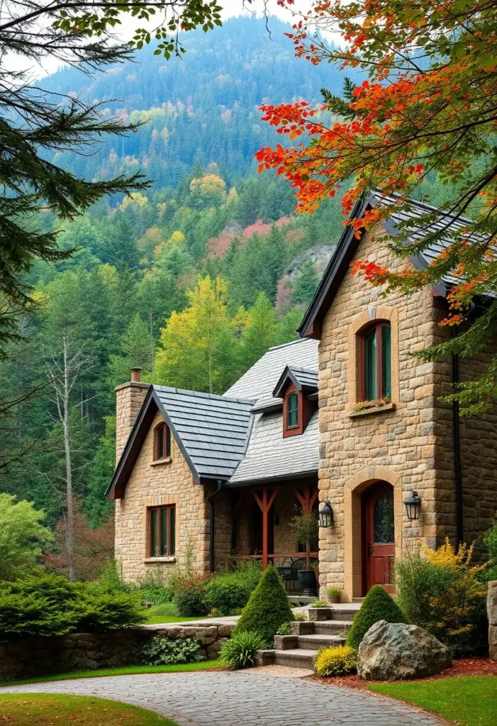 An elegant stone cottage with arched windows, red-trimmed accents, a charming porch, and vibrant landscaping, surrounded by colorful autumn foliage and a forested backdrop.