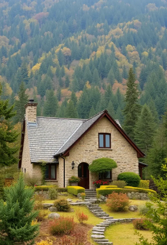 A picturesque stone cottage with an arched doorway, slate roof, manicured bushes, tiered landscaping, and a curved stone pathway, set against a lush forested backdrop.